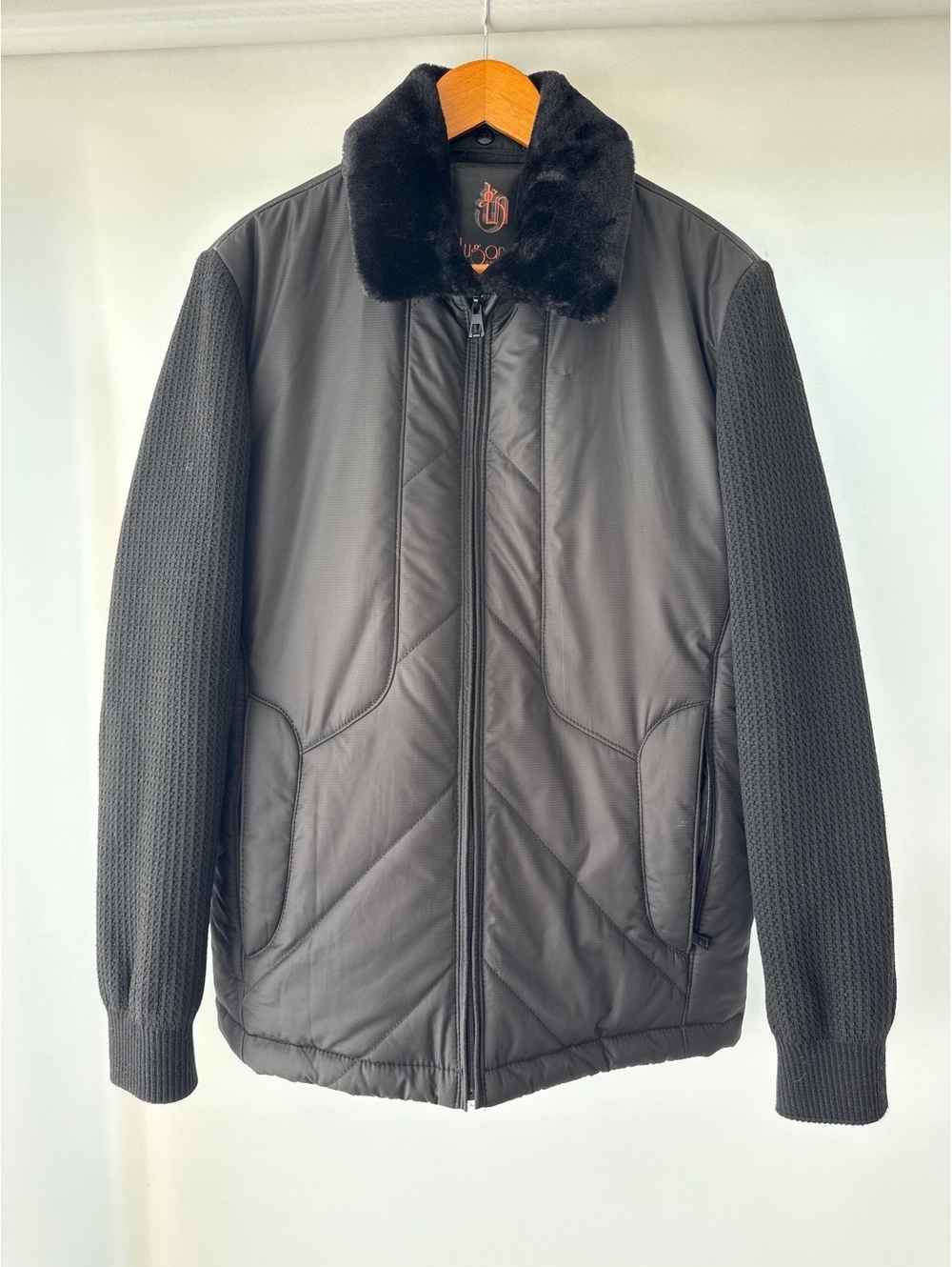 Lugano Creation Mens Jacket Size 48 Black Quilted Knit Sleeve Faux Fur Collar